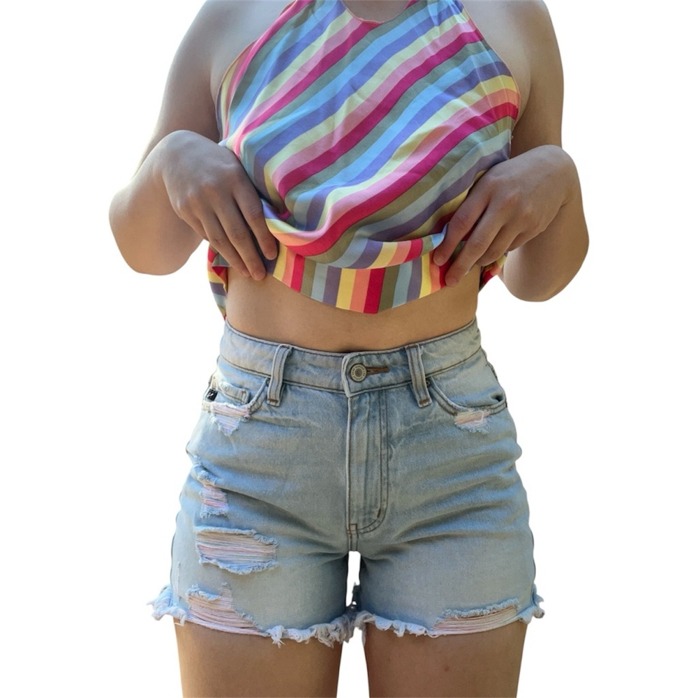 Kancan Distressed Denim Shorts with Rainbow Threading